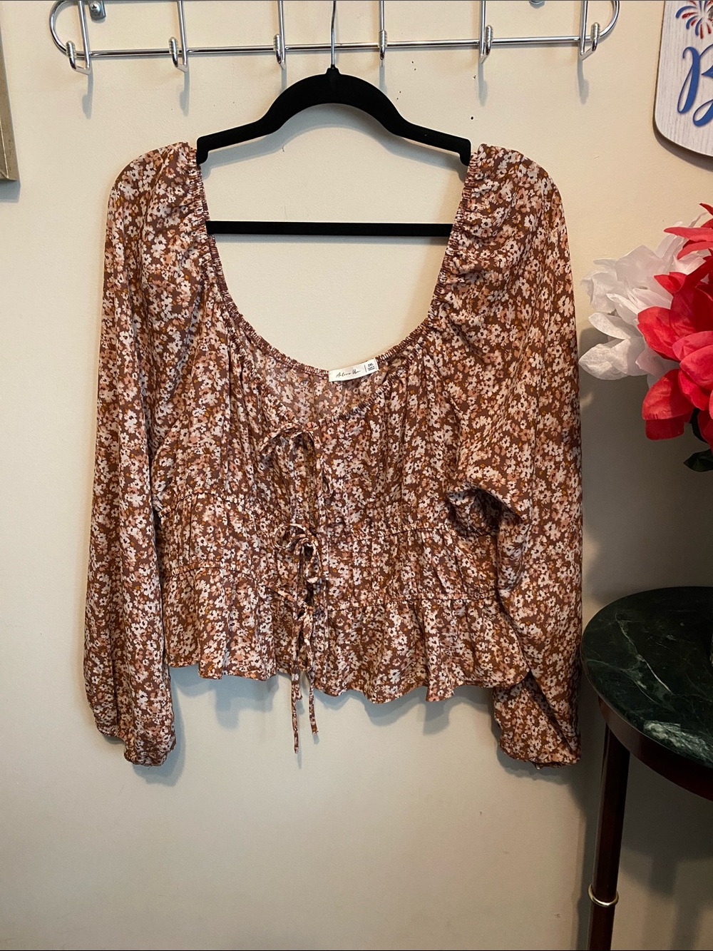 Active USA Boho Brown Floral Tie-Front Peasant Blouse Sz 2XL